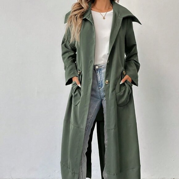 Army Green Casual Women's Solid Color Double Pocket Long Jacket - Picture 4 of 5